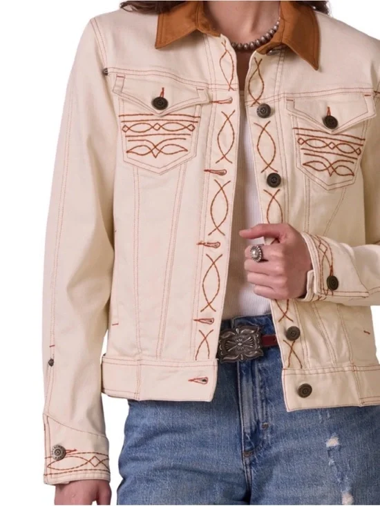 Double D Ranch Cream Jean Jacket with Embroidered Longhorn Back -Size Small NWT - Picture 4 of 10